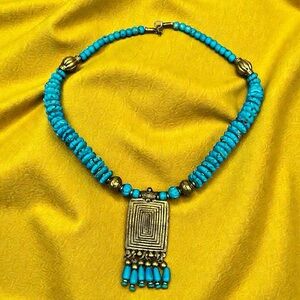 Boho Statement Necklace Chunky Beads Brass Pendant Ethnic Artsy Southwestern